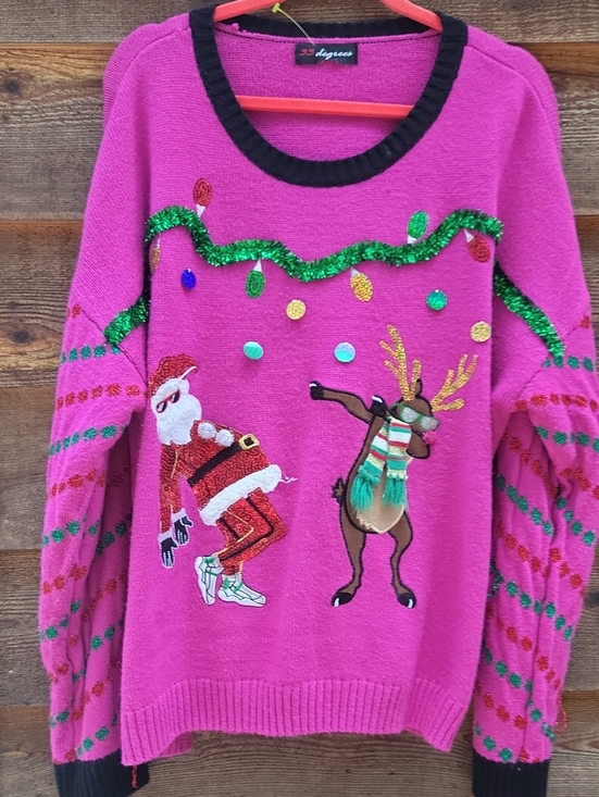 33 Degrees Sweaters - 32 Degrees Women's Bright Pink Holiday Crewneck Sweater with Santa & Reindeer XL